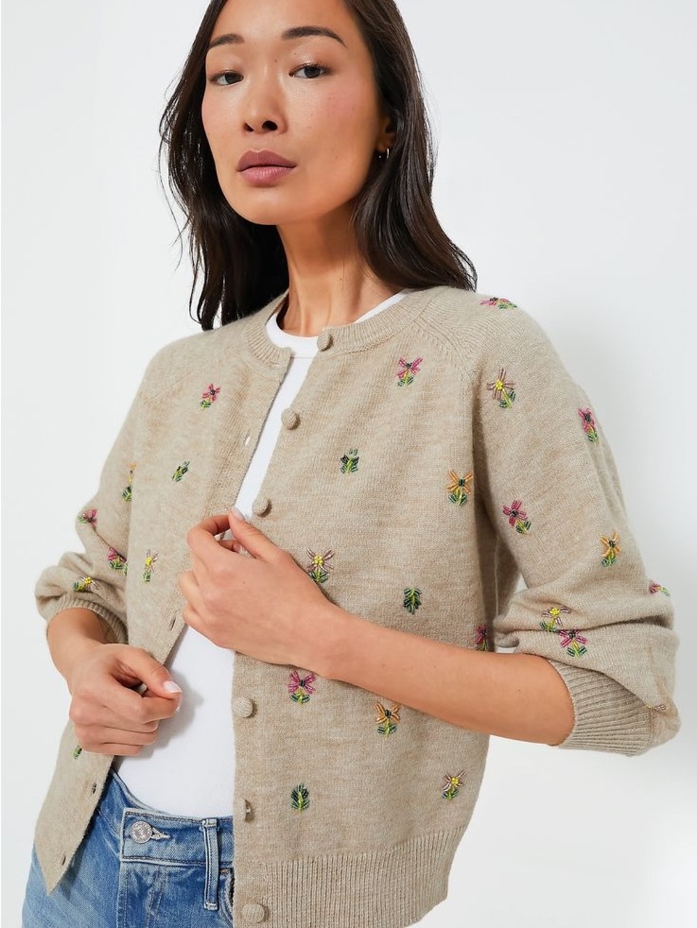 Embroidered Beige Crewneck Cardigan Sweater - Women's